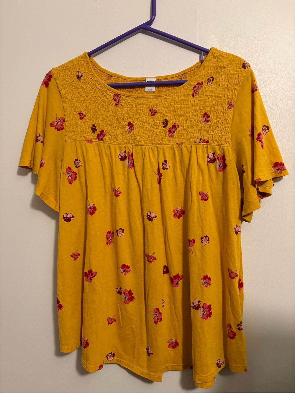 Boho Cottage- Core Peasant  Old Navy Mustard Yellow Floral Smocked Yoke Top